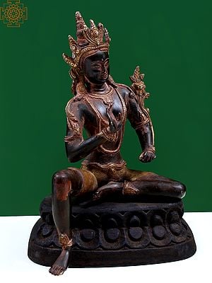 12" Brass Tibetan Buddhist Deity Green Tara, Steeped In Dhyana On A Wood Pedestal