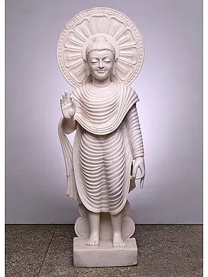40" Large White Marble Standing Buddha Sculpture with Abhaya Mudra
