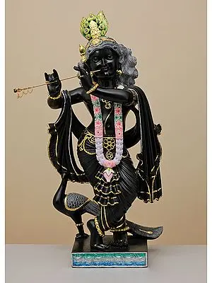 "Jaga-Mohan" Krishna: Large Black Marble Statue of the Enchanter of the Universe