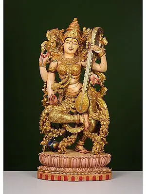 38" Wooden Dancing Saraswati Sculpture
