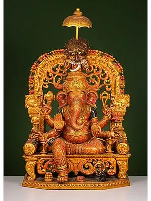 48" Large Wooden Lord Ganesha with Ornate Arch Throne