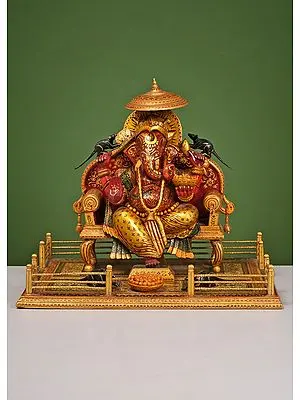 16" Wooden King Ganesha Statue