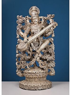 39" Large Wooden Dancing Saraswati With Sterling Silver Cladding