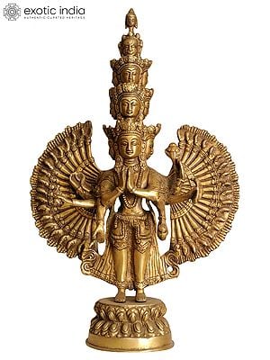 14" Tibetan Buddhist Deity Eleven Headed Thousand Armed Avalokiteshvara In Brass | Handmade | Made In India