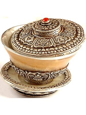 Ashtamangala Agate Ritual Bowl with Lid and Plate Set