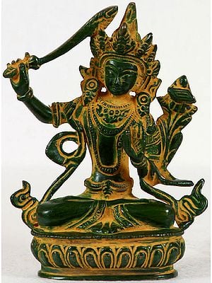 5" Tibetan Buddhist Deity Bodhisattva Manjushri Idol In Brass | Handmade | Made In India