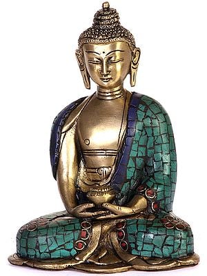 6" Buddha In Meditation with Pindapatra (Robe Inlaid with Gemstones) In Brass | Handmade | Made In India