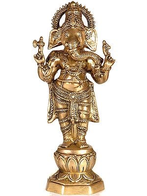 14" Chaturbhuja Standing Ganesha In Brass | Handmade | Made In India