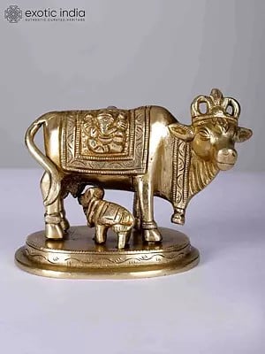 4" Small Goddess Kamdhenu Cow Idol with Calf | Brass statue
