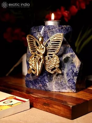 7" Brass Angel on Lapis Lazuli Gemstone with Candle Holder | Home Decor