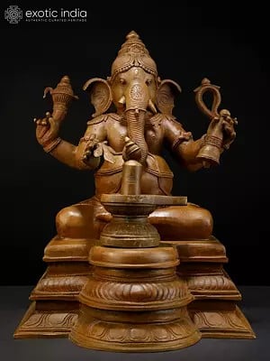 18" Ganesha Performing Shiva Lingam Puja | Bronze Statue