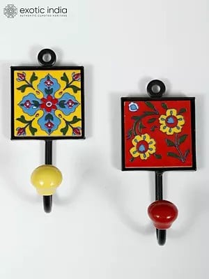 4" Floral Design Ceramic Tile Wall Hooks in Pair
