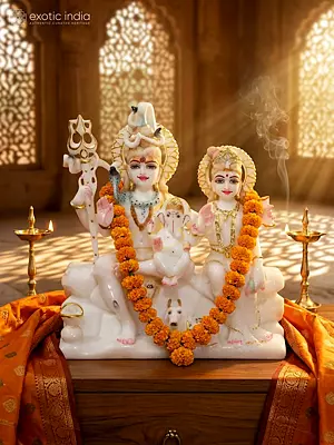 10" Lord Shiva And Parvati With Ganesha | White Makrana Marble Staute Idol
