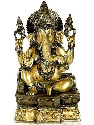 12" Four-Armed Seated Ganesha In Brass | Handmade | Made In India