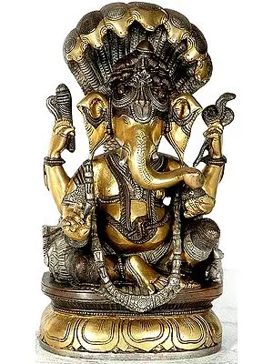 10" Shri Ganesha Seated in Royal Ease Posture Protected by Seven Hooded Serpent In Brass | Handmade | Made In India