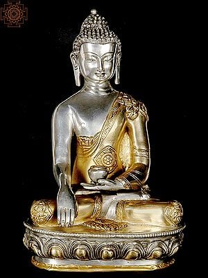 11" The Union of Samsara and Nirvana (Buddha in the Bhumisparsha Mudra with Ashtamangala Carved on His Robe) In Brass | Handmade | Made In India