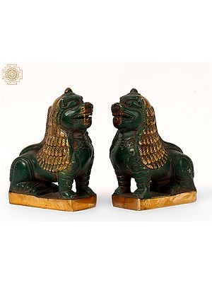 Temple Guardian Lion Pair Figurines | Brass Animal Statues for Home Decor