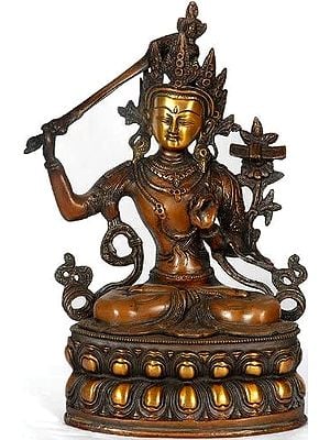 14" Manjushri - Bodhisattva of Transcendent Wisdom | Handmade Tibetan Buddhist Deity Brass Statue