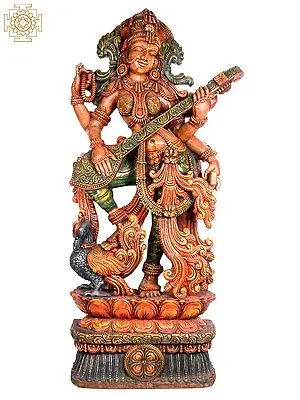Goddess Saraswati - South Indian Temple Wood Carving Statue