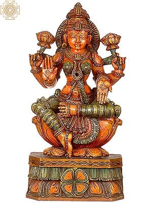 Goddess Lakshmi Wooden Sculpture - Carved from South Indian Temple Wood