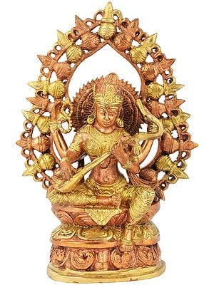 10" Brass Goddess Saraswati Idol with Prabhavali | Handmade Religious Figurine