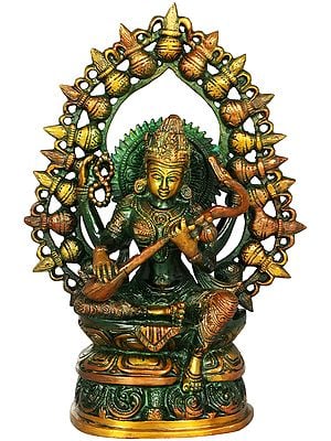 10" Brass Goddess Saraswati Idol with Prabhavali Made of Kalash | Handmade | Made in India