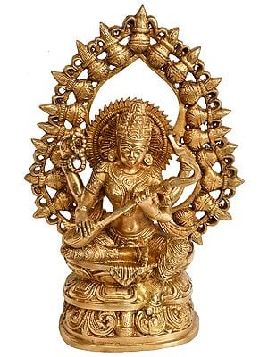 10" Brass Goddess Saraswati Idol with Prabhavali | Handmade Religious Figurine