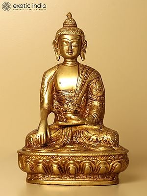 7" Brass Bhumisparsha Buddha Statue (Robes Decorated with Auspicious Symbols) | Handmade | Made in India