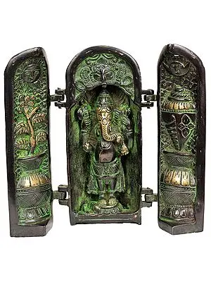 7" Ganesha Folding Portable Temple | Handmade Brass Statue | Made in India
