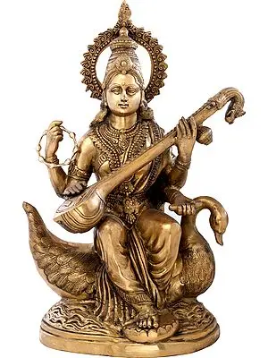 28" Large Size Goddess Saraswati Plays Veena on Her Swan In Brass | Handmade | Made In India