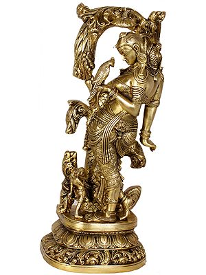 17" Brass Celestial Nymph Idol with Parrot Passing Message | Handmade