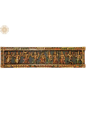 Dashavatara Wood Panel (From the left Matsya, Kurma, Varaha, Narasimha, Vaman, Parashuram, Rama, Balarama, Krishna and Hayagriva)