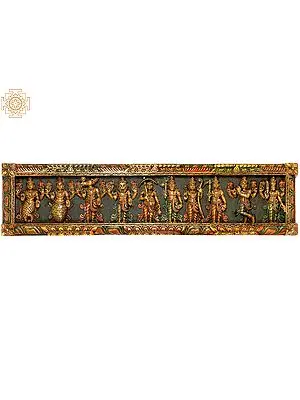 Dashavatara Wood Panel (From the left Matsya, Kurma, Varaha, Narasimha, Vaman, Parashuram, Rama, Balarama, Krishna and Hayagriva)