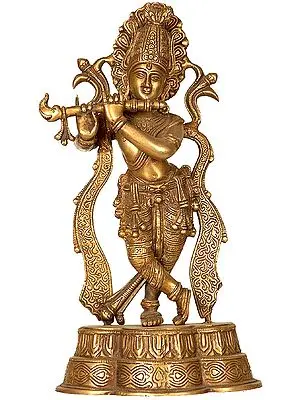 14" Fluting Krishna In Brass | Handmade | Made In India