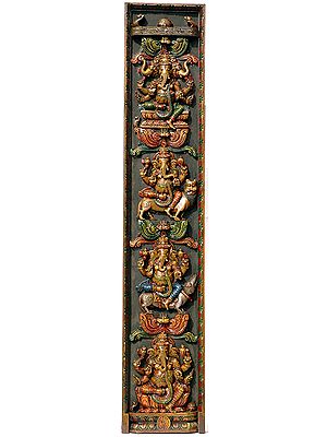 Four Ganesha Panel with Three Headed Ganesha, Seated on Different Seats -  on Lotus, Lion, Rat and Lotus