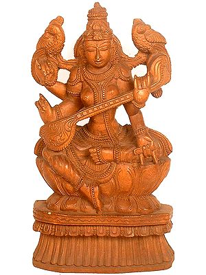 Goddess Sarasvati Playing Vina with Two Parrots Perched on Her Shoulders