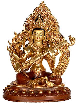 Goddess Saraswati Seated on Lotus with Swan Against Brilliant Aureole