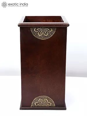 18" Designer Wooden Planter with Floral Brass Work | Handmade | Made In India