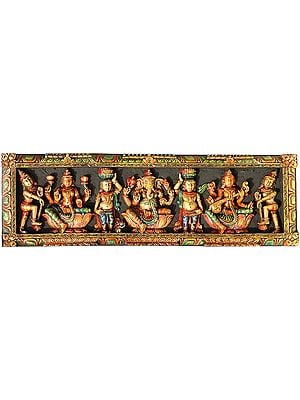 Lakshmi, Ganesha and Saraswati Panel with Dwarves and Doorkeepers
