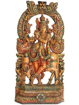 Lissome Fluting Krishna with Fine Floral Arch and Kirtimukha Atop