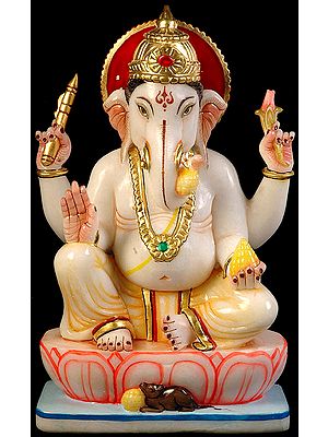 Lord Ganesha Seated in Royal Ease Posture with Trident Mark on Forehead
