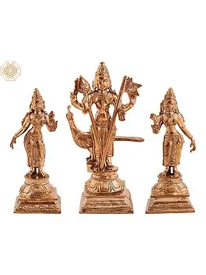 5" Small Bronze Lord Murugan Statue with Devasena and Valli