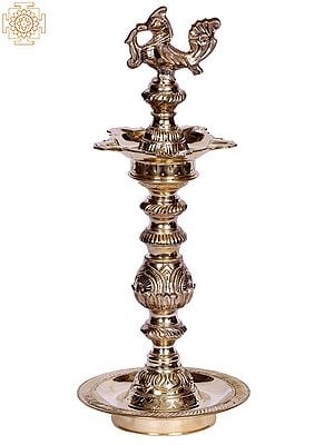 14" Peacock Design Oil Lamp In Brass