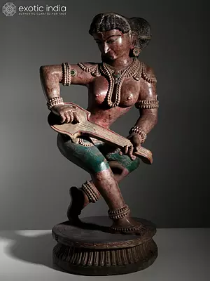 24" Wooden Standing Lady Holding Musical Instrument