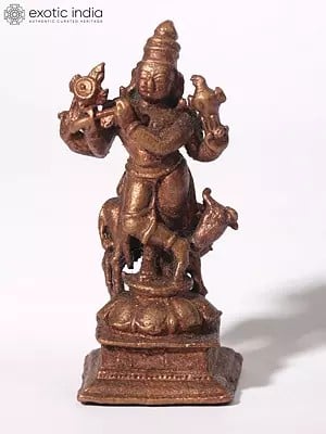 Small Copper Statue Shri Krishna Playing Flute