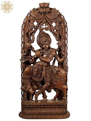 Large Wooden Lord Venugopal (Krishna) Playing Flute with Cow