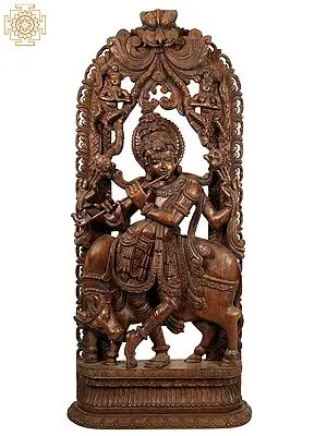 Large Wooden Lord Venugopal Idol (Krishna) Playing Flute with Cow