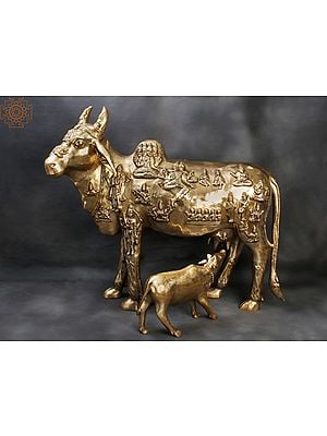 48" Large Kamadhenu Cow with Calf | Brass Statue