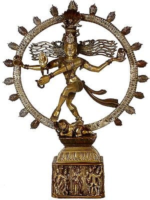 16" Nataraja: The Cosmic Dancer (Pedestal Engraved with Aspects of Shiva) In Brass | Handmade | Made In India