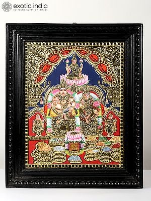Kubera and Lakshmi Tanjore Painting | Traditional Colors With 24K Gold | Teakwood Frame | Gold & Wood | Handmade | Made In India